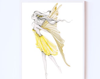 Yellow fairy art print, original fairy watercolor painting, drawing illustration. Fantasy, magical art for girls room, home wall art decor