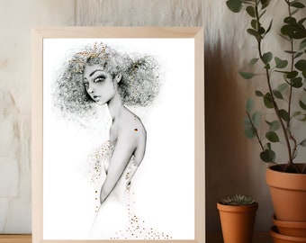 May include: A black and white illustration of a woman with curly hair. She is wearing a white dress with gold glitter accents. The illustration is framed in a light wood frame.