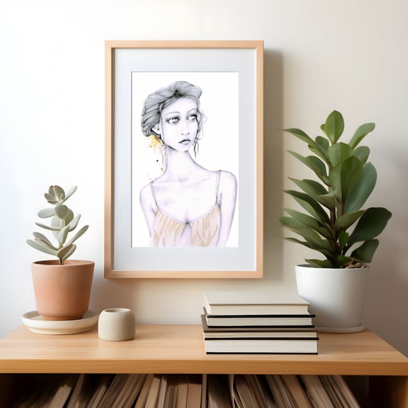 This girl is my original yellow hand drawn painted with coffee staining. One of a kind fine art imagined by me. For your home, wall decor. image 4