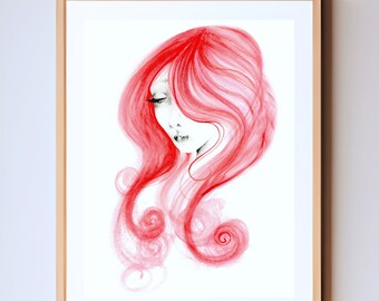 Original red minimalist abstract watercolor painting print  Redhead girl, beauty salon wall decor. Wall art gift for spa vanity or boudoir.