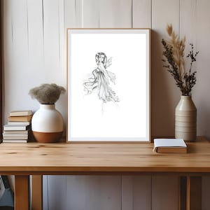 Fairy wall art, home decor. My original one of a kind hand drawn modern minimalist pencil drawing. A unique gift for her and her home. image 1
