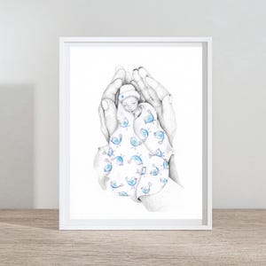 2 subjects in the hand drawn portrait of mom and dad hands holding stillborn baby