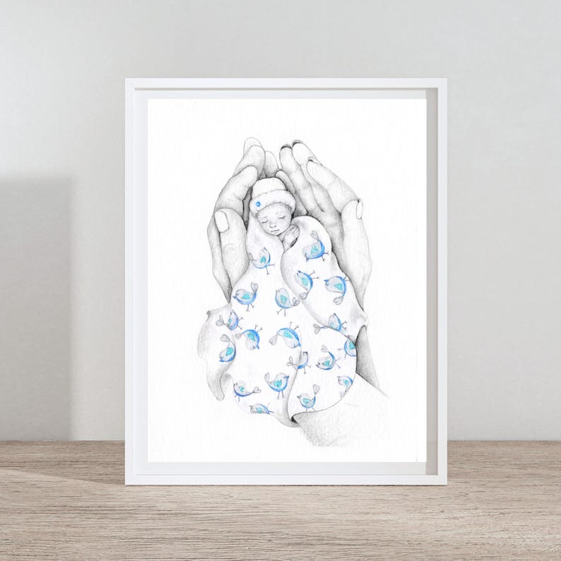2 subjects in the hand drawn portrait of mom and dad hands holding stillborn baby
