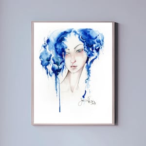 Blue Hair Girl Art Print: Minimalist Abstract Watercolor Giclee Poster