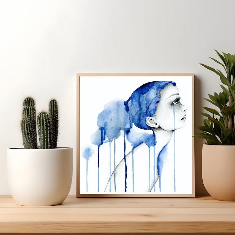 Watercolor painting art, print. Blue minimalist watercolor painting Women in art Original sad girl drawing crying wall Livingroom home decor image 6