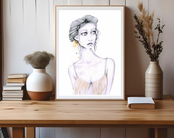 This girl is my original yellow hand drawn painted with coffee staining. One of a kind fine art imagined by me. For your home, wall decor.