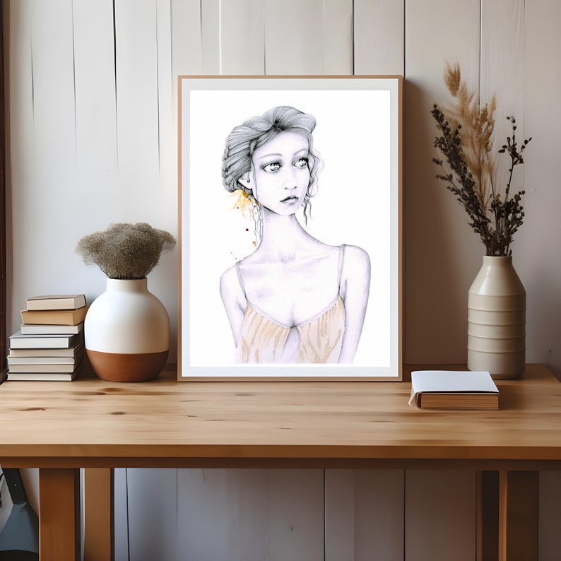 This girl is my original yellow hand drawn painted with coffee staining. One of a kind fine art imagined by me. For your home, wall decor. image 2