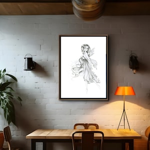 In many sizes. A fairy drawing illustration, reproduction of my original minimalist pencil drawing. Now in Giclee and poster print paper. A beautiful modern minimalist fairy, unique and highly detailed. Will bring fantasy to any wall home decor.