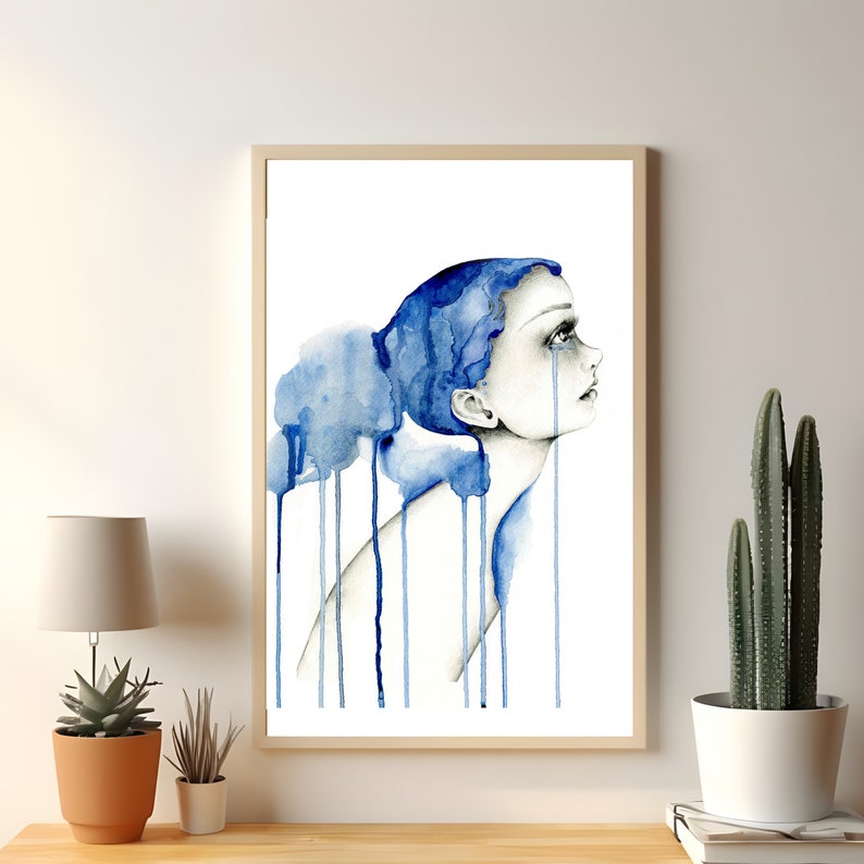 For women, girls, a gift for her celebrating the uniqueness that we all behold. Sad or happy, the beauty shines. Bringing mental health and depression awareness in art. Abstract blue tears, crying unabashedly.