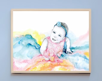 Custom Baby Portrait,  Mom, Grandma. Abstract Watercolor Birthday Dress. Daughter Painting from Photo. art
