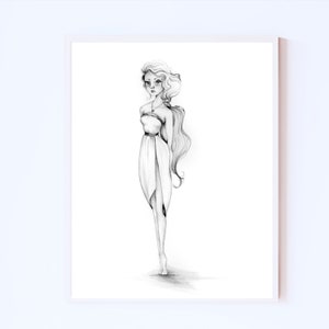 A fashion illustration Giclee, poster print of my original art. For your modern, minimalist black and white  home & living decor Pretty girl