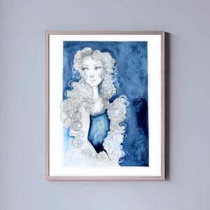 My original watercolor abstract painting of a girl A  gift for her home. An original blue abstract watercolor wall decor. Fine art OOAK art