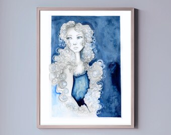 Blue Abstract Watercolor Painting - Fine Art Portrait (11x14)