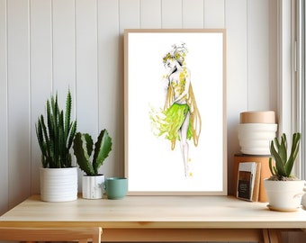 緑の妖精、水彩画アートプリント、ファンタジーな室内装飾