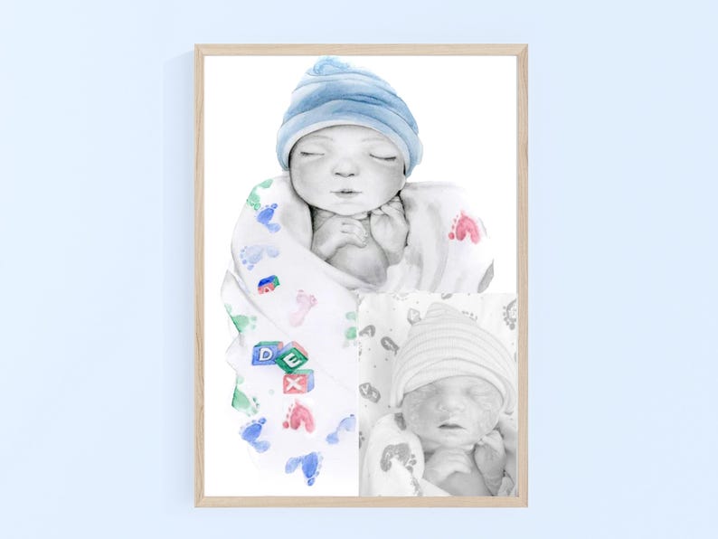 This beautiful baby portrait was customized via my client's vision. All of my stillborn portraits are entirely hand drawn and completely personalized. With a photo for reference, I can use any patterns and or colors that you wish. Reach out with questions.