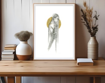 My original modern minimalist wall art. Fine art silver & gold decor, one of a kind drawing, painting of a girl angel with wings. Wall decor