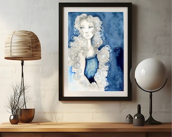 My original watercolor abstract painting of a girl A  gift for her home. An original blue abstract watercolor wall decor. Fine art OOAK art