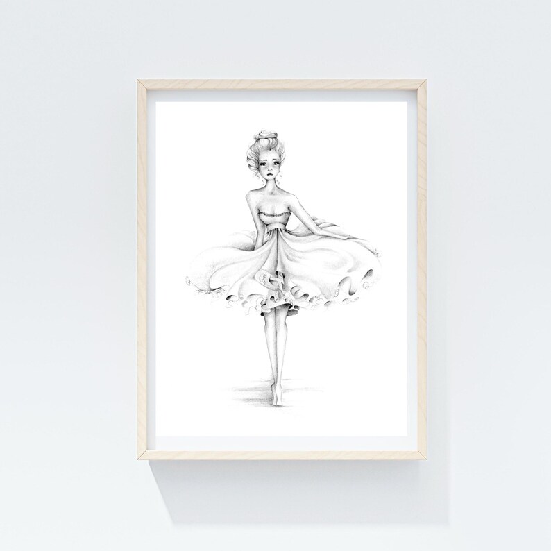 This sweet girl is all dressed up with no where to go. The will be dancing where no one is watching tonight. A fine art Giclee or poster print of my original fashion illustration. Minimalist pencil sketch.