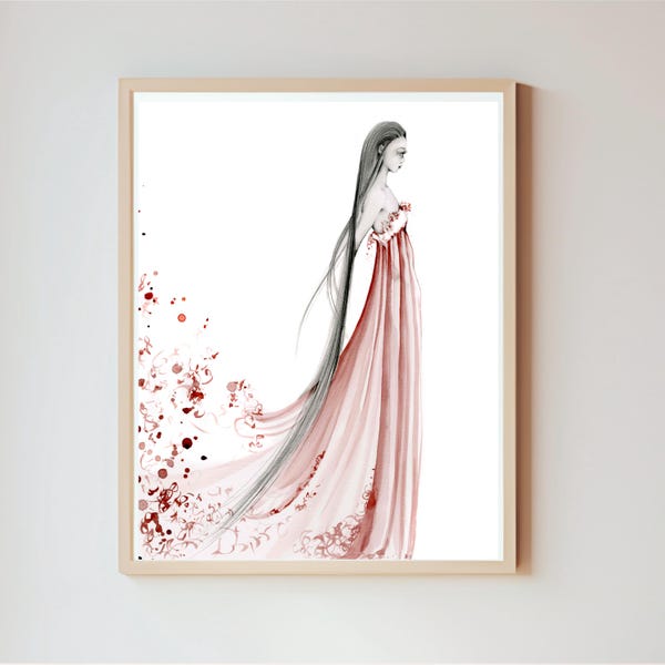 Feminine Fashion Illustration, Red Dress Woman Art Print, Bedroom Wall Decor