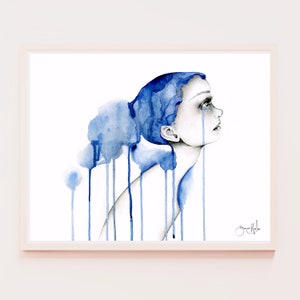 Watercolor painting art, print. Blue minimalist watercolor painting Women in art Original sad girl drawing crying wall Livingroom home decor