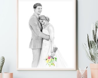 Custom custom couples portrait gift for bride groom. Wedding anniversary engagement personalized couples art pencil drawing home wall decor