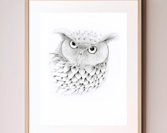 Owl fine art Giclee print of my original owl pencil drawing. For bird lovers, a unique gift, black and white minimalist wall art home decor