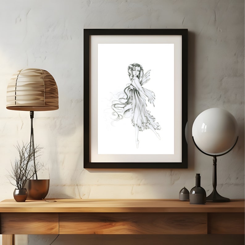 Fairy wall art, home decor. My original one of a kind hand drawn modern minimalist pencil drawing. A unique gift for her and her home. image 2