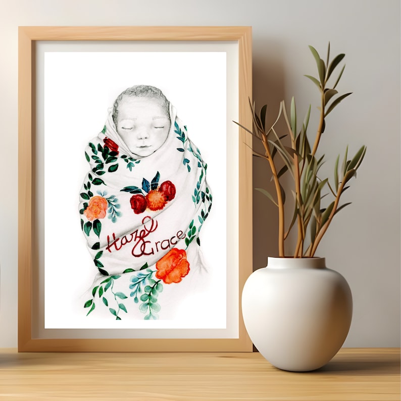 A beautiful gift for Mothers Day, a memorial gift of her stillborn angel. To be enjoyed and adorned in her home. Completely personalized and hand drawn, my portrait details are driven by you. Let me know your vision for a grieving mom.