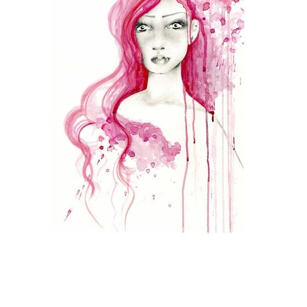 Painting Pink Abstract Combination Paintings Original Art Pink Watercolor Pencil Drawing Girl Women In Art Pink Hair Expressionist Painting