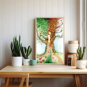 Displayed here in a beautiful, nature inspired space adding interest, and uniqueness to your home. Abstract painting, I did her from my imagination, watercolors in all four seasons. A woodland tree, scene for nature lovers.