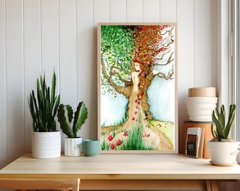 Four Seasons Tree Woman Art Print, Abstract Fall Decor