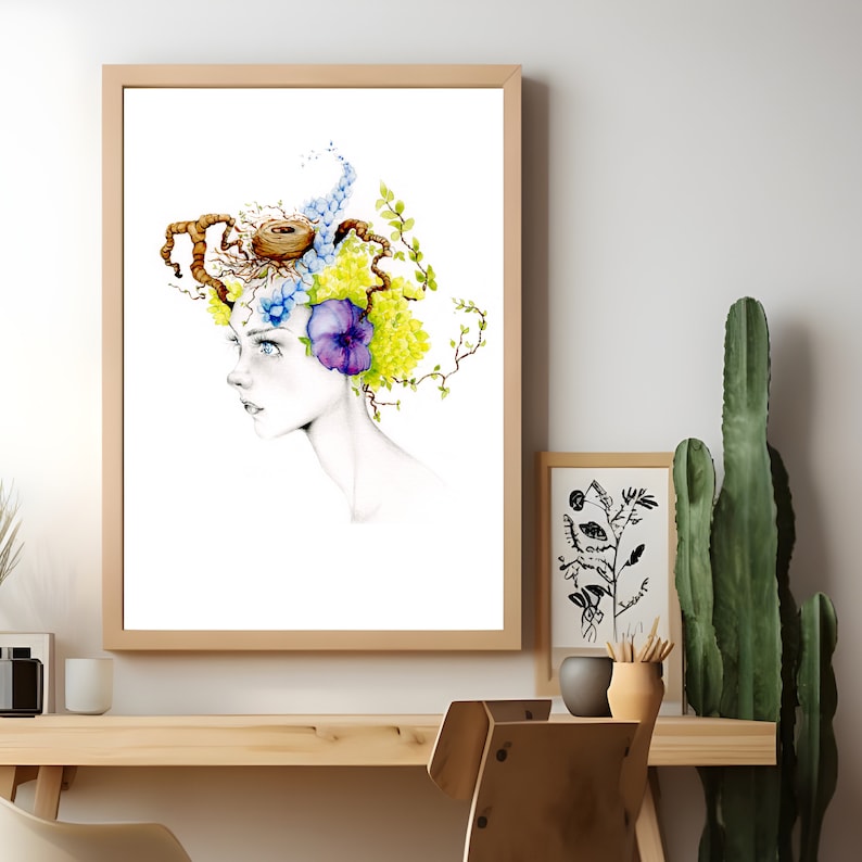 A beautiful minimalist mixed wall art. Nature inspired print of my mixed watercolor woman, girl painting With flowers and a birds nest upon her head. Very detailed work of art, yet minimalist feel will add fantasy to any wall space in your home.