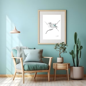 Black and white little blue bird on a branch Print from original pencil drawing of finch. Minimalist wall art living.  Beautiful home decor