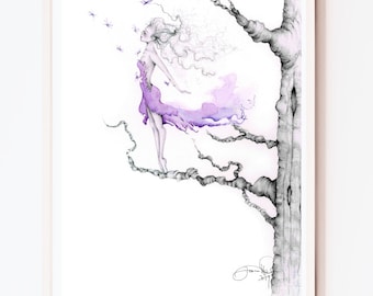 Fantasy art print, nature inspired gift. Purple watercolor painting of a girl Women in a tree Beautiful nature art home decor for her