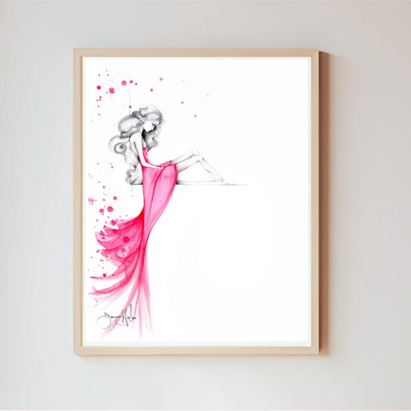 Pink Dress Fashion Illustration Art Print: Minimalist Girl