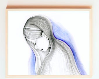 Sad girl minimalist watercolor painting pencil drawing, blue fine art Giclee print of my original girl. Minimalist wall art melancholy Decor