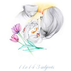 A family portrait. A precious moment that mom and dad never had the privilege to have. They gave me a photo of mom and dad, and one of their sweet stillborn angel. This is the result. My portraits are completely personalized