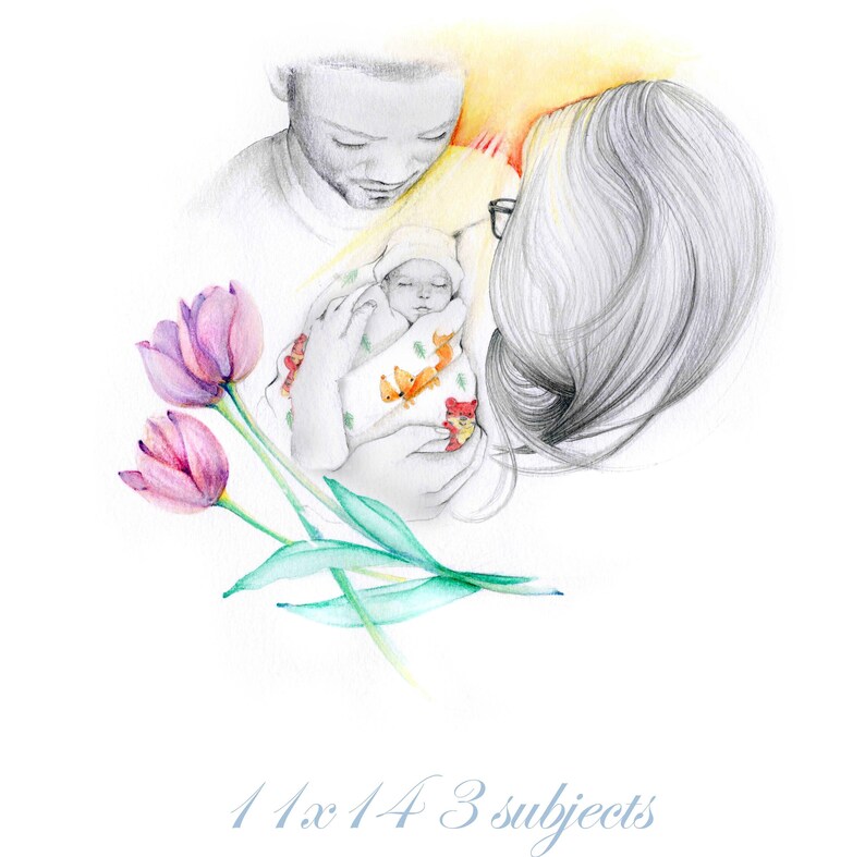 A family portrait. A precious moment that mom and dad never had the privilege to have. They gave me a photo of mom and dad, and one of their sweet stillborn angel. This is the result. My portraits are completely personalized