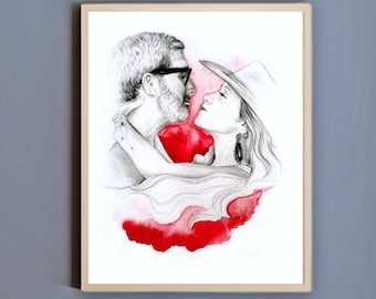 Custom Couples Wedding Gift Portrait Hand-Drawn Pencil & Watercolor Art
