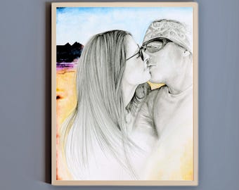Portret van koppels op maat: handgetekend potlood en aquarelkunst