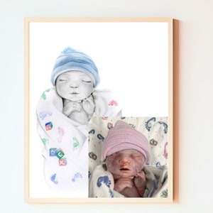 Mothers day gift, a stillborn baby custom portraits. Hand drawn from your photo and are entirely personalized. Please don't hesitate to reach out to tell my your story. These little angels inspire my work tremendously 🙏🕊️