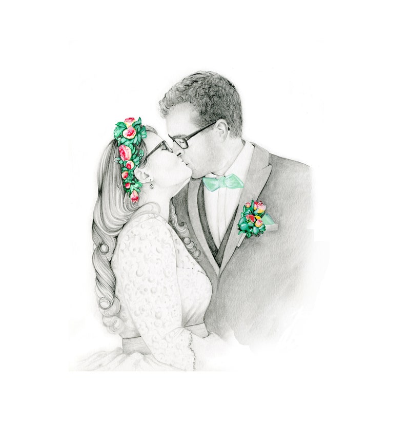 This was a custom couples portrait commissioned as remembrance gift of their wedding.  All of my portraits are hand drawn and painted from your photo. A one of a kind gift by star seller.