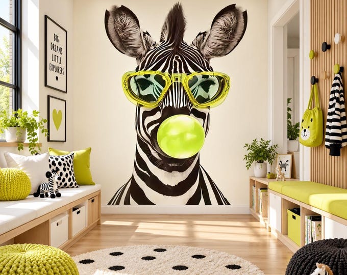 Zebra with Sunglasses & Bubblegum Wallpaper Mural |  | Quirky Animal Wall Art | Kids Teen Bedroom Statement Wallpaper