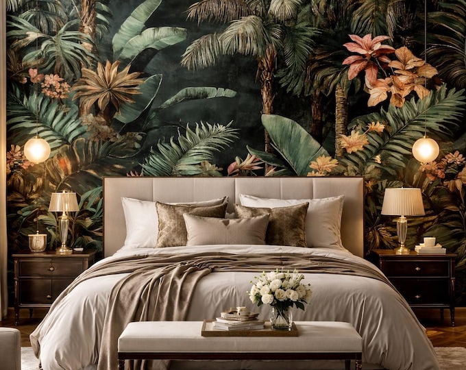 Dark Jungle Wall Mural – Custom Made Tropical Feature Wall for Bedroom, Living Room, Nursery mould-resistant, anti-fungal wall covering