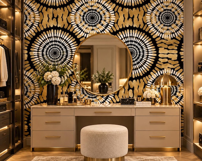 Black Gold Tribal Wallpaper | African Inspired Dot Wall Mural | Metallic Geometric Wallpaper