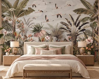 Vintage Tropical Grey Jungle Wallpaper Mural | Tropical Botanical Wall Mural | Exotic Bird & Floral Wallpaper