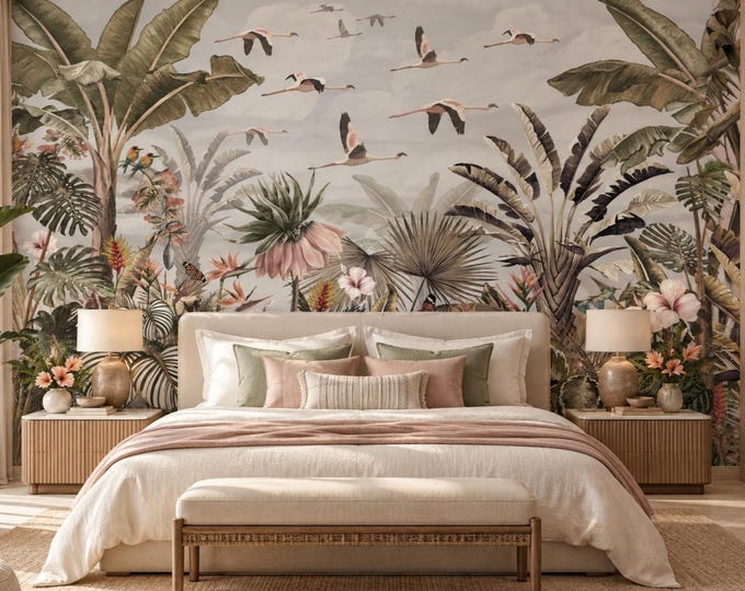 Vintage Tropical Grey Jungle Wallpaper Mural | Tropical Botanical Wall Mural | Exotic Bird & Floral Wallpaper