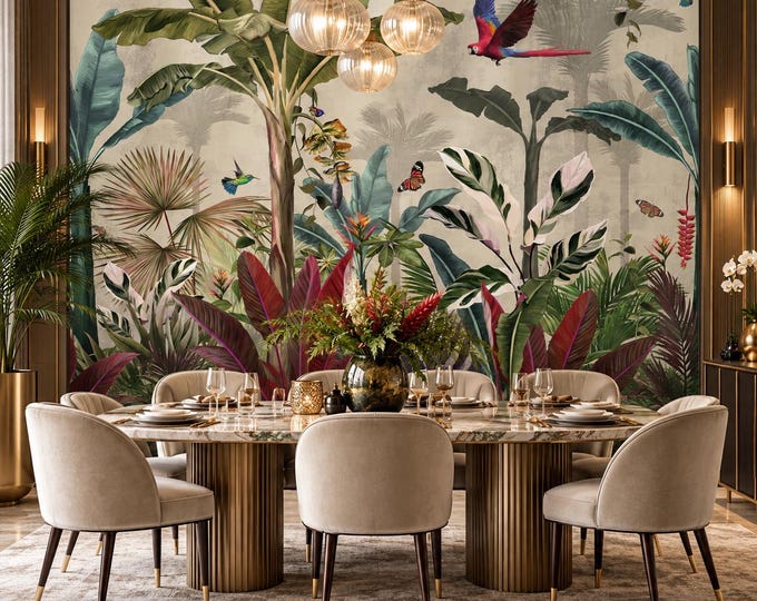 Tropical Jungle Wallpaper | Parrot & Banana Leaf Wall Mural | Exotic Botanical Wallpaper