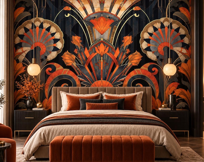 Art Deco Floral Wallpaper | Orange Black Geometric Wall Mural | Gatsby Botanical Wallpaper