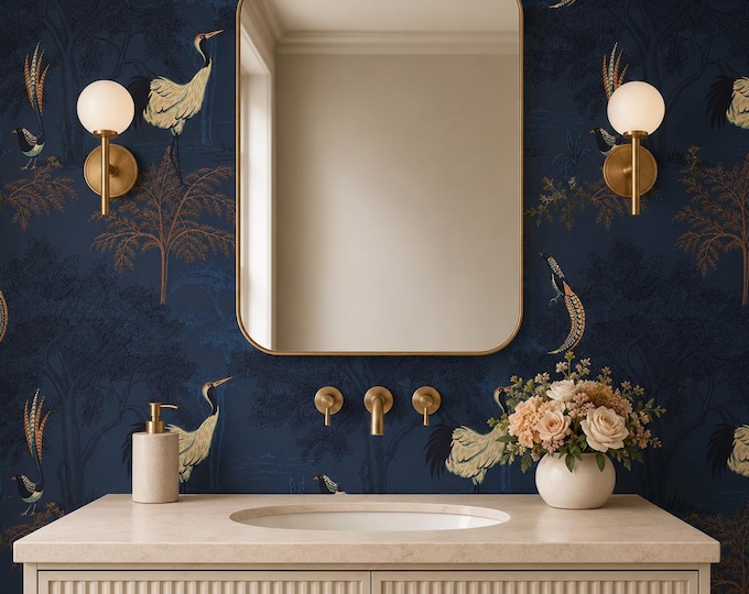 Dark Navy Oriental Crane Wallpaper, Copper Botanical Wall Mural, Chinoiserie Bird Design